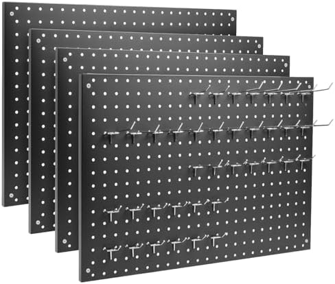 Peg Board, 4 Pack Metal Pegboard Panels Black Pegboards Wall Organizer with Frame Large Heavy Duty Peg Board with Hooks for Walls Home, Garage Tool Storage, Office, Craft Room, Kitchen 24”×16” by MUWOOD