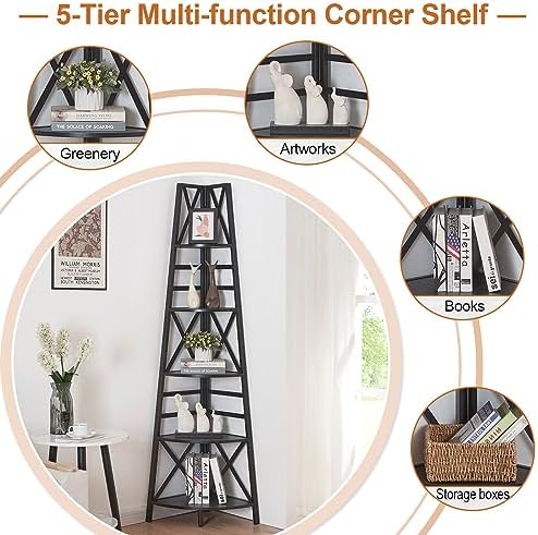 HOMBAZAAR 5 Tier Corner Shelf,72 Inch Tall Corner Bookshelf,Black - Image 5