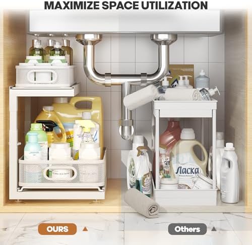 2-Pack Under Sink Storage Organizer with 2-Tier Slide Out Drawer, Sophisticated Mesh Pull Out Shelf for Kitchen & Bathroom, Fits Small Items, Upgraded Arched Track for Smooth Gliding(Patented) - Image 5