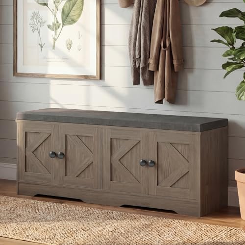 Apicizon Storage Bench with Seat Cushion, 2 Tier Entryway Bench with 4 Barn Doors, Adjustable Shelves, 47.36" Shoe Bench for Entryway Hallway Bedroom Living Room, Greige - Image 6