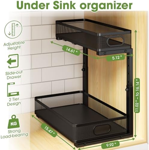 Under Sink Organizer 2-Pack, 2-Tier Pull-Out Cabinet Organizer with Adjustable Height, Metal Under Sink Storage Rack for Kitchen Bathroom Pantry Cabinets, Black - Image 2