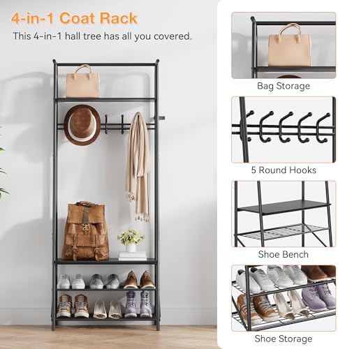 25" Hall Tree, Coat Rack with Shoe Rack, 4-Tier Shelf Entryway Shoe Bench with Storage, Freestanding Metal Frame Multifunctional Hallway Organizer with Hooks, Accent Furniture for Bathroom - Image 4