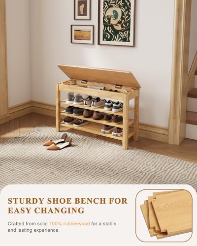 IUNVR Shoe Rack Bench Seat Rubberwood 3-Tier Wooden Storage Bench 550lbs Compact Mid-Century Modern Design for Entryway, Hallway, Closet, Front Door Entrance, Foyer - Image 5