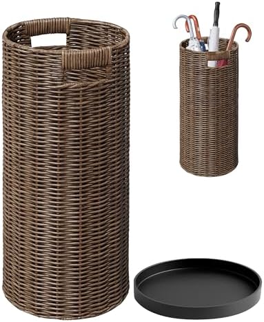 Rattan Umbrella Holder 21"H X 10"D, Handmade Wicker Umbrella Stand Indoor with Dip Tray, Sturdy Umbrella Holders for Entryway, Umbrella Bucket Fits Mudroom,Walking Canes,Home,Office (Brown) by Unknown