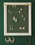 Heesch Hanging Earring Organizer Frame Wall Mounted Jewelry Holder Vintage Rustic Stud Earring Display with Removable Rod and 12 Hooks for Necklaces, Bracelets and Rings (Distressed White) by Heesch
