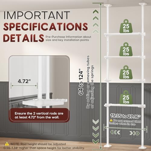 Goovilla Over The Toilet Storage Shelf, 64-124inch(H) 15-27inch(W), White - Image 2