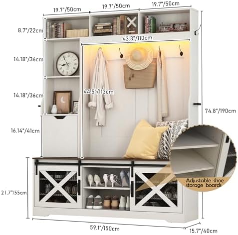 75''H 59''W Large LED Farmhouse Hall Tree with Bench and Shoe Storage,Entryway Bench with Coat Rack,16 Shoe Cubbies & Umbrella Holder and Sock Storage Drawer,Mudroom/Hallway Storages Cabinet(white ) - Image 2