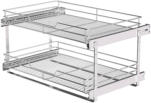 JOWBOOW 2-Tier Pull Out Cabinet Organizer, 26" W x 22" D, Chrome by JOWBOOW