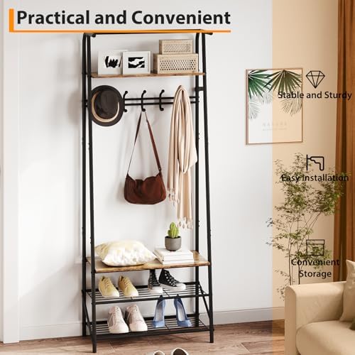 Jojoka 4-in-1 Entryway Coat Rack Hall Tree with Bench & Shoe Rack, Freestanding Storage for Hooks, 3-Tier Shoe Cabinet, Hanging Rod for Hallway, Front Door, Mudroom - Image 4