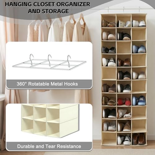 30 Section Hanging Shoe Organizer for Closet, Hanging Closet Organizer and Storage Space-Saving Foldable Clothes Shelf with Sturdy Hooks for Wardrobe, Dorm, Bedroom, Rv, Beige - Image 4