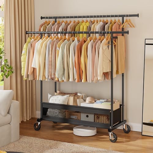 Clothes Rack 210 LBS Double Rods Extra Storage Basket - Image 2