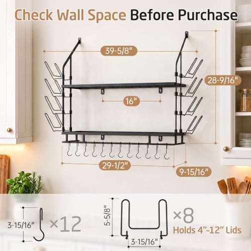 KES 30-Inch Pot Rack Wall Mounted, 8 Secure Lid Holders & 12 Sturdy Hooks - Image 6