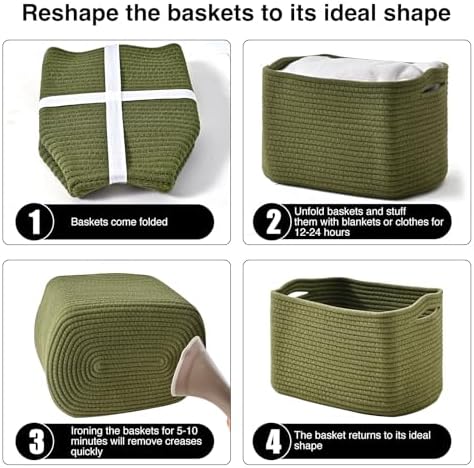 ICERZCZ Storage Basket for Shelves, Small Baskets for Organizing, Woven Cotton Rope Baskets for Storage, Book Basket, Decorative Shelf Basket, 12.5"Lx9.1''Wx7.9''H (4 Packs) Green - Image 7