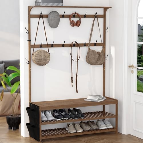 AMBIRD 6-in-1 Bamboo Hall Tree with Shoe Storage, Entryway Organizer Shoe Bench with 16 Coat Hooks and Cloth Bag, Sturdy Bamboo Storage Bench, 46 * 15 * 70 inches Brown - Image 4