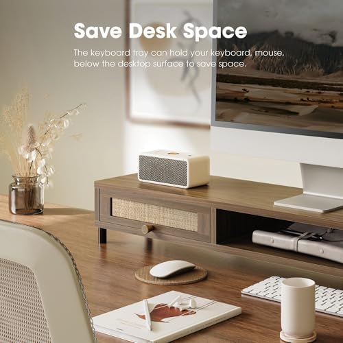 Fenge Dual Monitor Stand, Wooden Riser with Rattan Woven Flip Drawers - Image 5