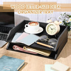 Beeveer 2 Pcs Black Wood Letter Tray Wooden Desk Paper Organizer 2 Tier Stackable Load Documents Desktop Tray Drawer File Folder Magazine Office Accessories for Home Office Back to School - Image 3
