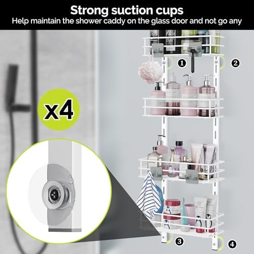 Orimade Over the Door Shower Caddy Adjustable 5 Tier Black,Bathroom Hanging Organizer Shelf Rustproof with 4 Hooks,Shower Basket with Soap Holder and Suction Cup, White - Image 6