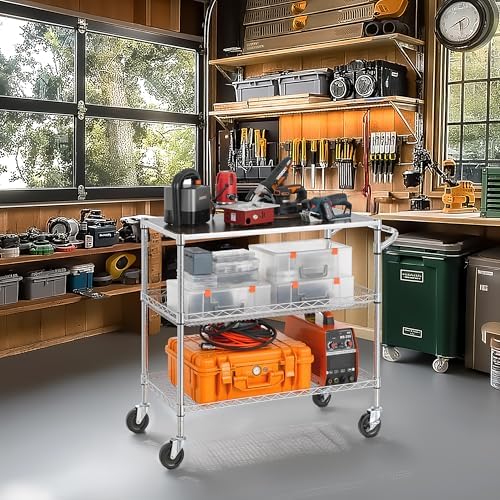 Finnhomy 3 Tier Heavy Duty Commercial Grade Utility Cart with Wood Top, Wire Rolling Cart with Wheels and Handle Bar, Kitchen Carts on Wheels, 18x36x35.4 H Metal Cart with 600 LBS Capacity, Chrome - Image 5