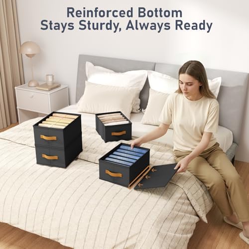 DIMJ Wardrobe Clothes Organizer - 4/5/7 Grids Foldable Closet Drawer Organizer Dividers for Jeans, Pants, Sweater, T Shirt, Storage Bins with Handles for Shelf - Image 3