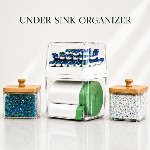 Trash Bag Holder & Dishwasher Pod Dispenser with 2 Bamboo Lid Storage Containers, Clear Acrylic Under Sink Organizer for Garbage Bags, Laundry Detergent Pods & Tabs, Kitchen Pantry Laundry Room - Image 2