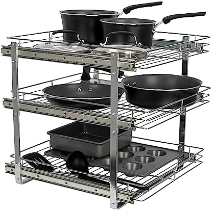 Household Essentials Glidez Multipurpose Chrome-Plated Steel Pull-Out/Slide-Out Triple-Sliding Storage Organizer for Cookware and Bakeware - 3-Tier Design - Fits Standard Size Cabinet or Shelf, Chrome by HouseholdEssentials