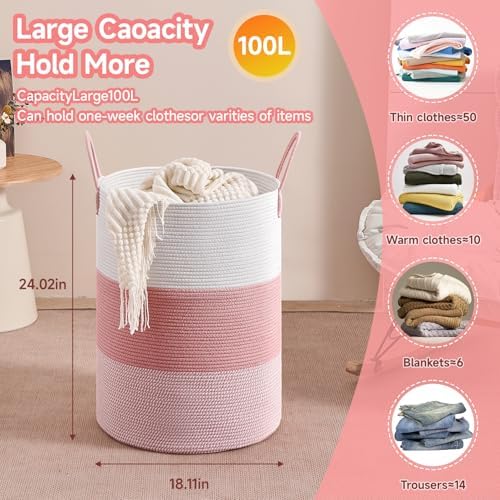 CLHMILY&Z 100L Laundry Basket Round Storage Rope Basket - 18.1x24 Inches - Pink Hamper in Bedreoom and Cute Storage Bin for Blankets, Toys, and Nursery Essentials - Image 4