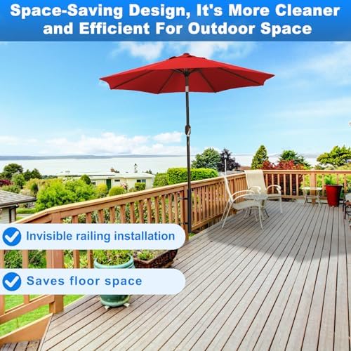 BeneLabel Patio Umbrella Holder for Deck Railing No Drill Deck Umbrella Clamp Mount Fits 1"-2" Umbrella Poles Space Saving Design Umbrella Holder for Deck Balcony Garden Poolside Railing - Image 2
