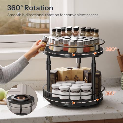 HOOBRO Lazy Susan Organizer Spice Rack, 2-Tier Height Adjustable Rotating Lazy Turntable Spice Organizer, for Kitchen Countertop and Cabinet, Black BB05TL01 - Image 4