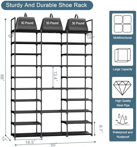 Kottwca 3 Row 10 Tier Large Shoe Rack Organizer for Closet Entryway, 60-65 Pair Shoe Boot Storage Rack, Metal Shoe Shelf Tall Vertical Stackable Shoe Stand for Bedroom Corner - Image 3