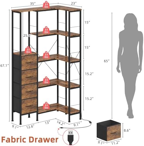 AFLUI 5-Tier Corner Bookshelf with LED Light Strips, 4 Fabric Drawers - Image 2