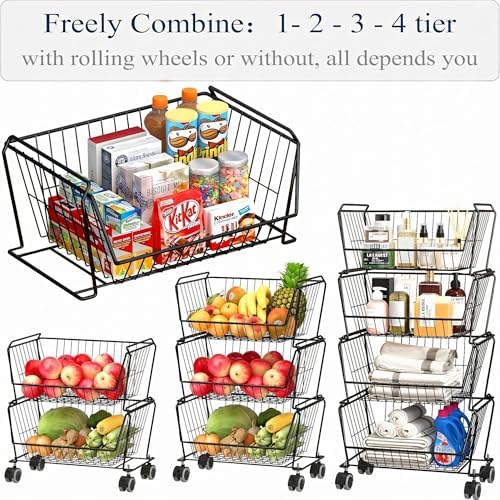PUSDON 4-Tier Large Stackable Wire Storage Baskets with Wheels, Metal Rolling Utility Cart Organizer, Produce Basket for Kitchen Pantry, Floor Shelf, Matte Black - Image 5