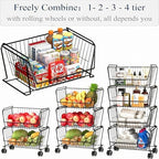 PUSDON 4-Tier Large Stackable Wire Storage Baskets with Wheels, Metal Rolling Utility Cart Organizer, Produce Basket for Kitchen Pantry, Floor Shelf, Matte Black - Image 5