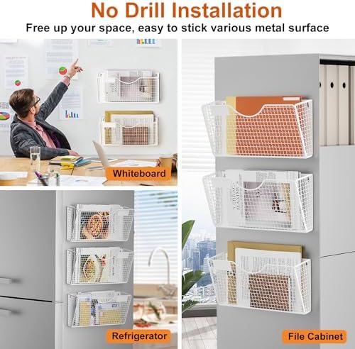 MFTEK Magnetic File Holder, 3 Pockets Wall File Folders Holder No Drilling Magnetic Paper Mail Organizer Magazine Basket, Hanging Storage Rack for Fridge Cabinets Office Classroom(White) - Image 4