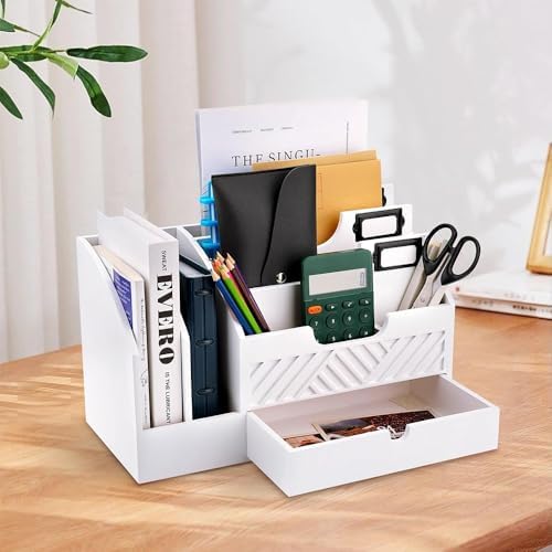 Wood Mail Organizer Countertop, 6 Compartments with Drawer, White - Image 4