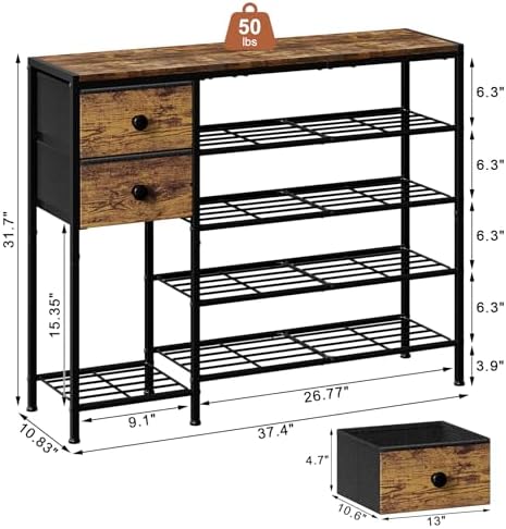 5-Tier Shoe Rack, Side Mesh & 2 Drawers for Closet Rustic Brown - Image 3