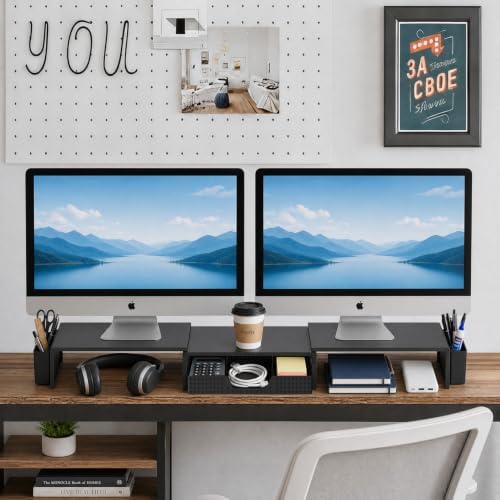 LEKETREE Dual Monitor Stand Riser with Drawer and 2 Pen Holders, Black - Image 3