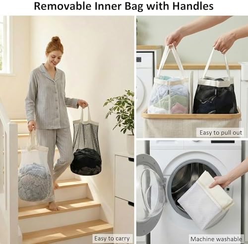 efluky Double Laundry Hamper with Lid and 2 Removable Bags, Beige - Image 5