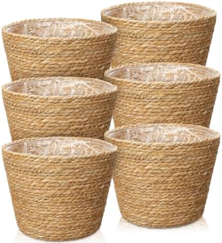 6Pcs Large Premium Seagrass Planter Basket with Plastic Lining Natural Stylish Planter Baskets Indoor Outdoor Plants Woven Wicker Baskets for Plants Flower Pots Cover Room Decor(10.2x7.5x7.5) by Haiabei