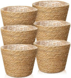 6Pcs Large Premium Seagrass Planter Basket with Plastic Lining Natural Stylish Planter Baskets Indoor Outdoor Plants Woven Wicker Baskets for Plants Flower Pots Cover Room Decor(10.2x7.5x7.5) by Haiabei