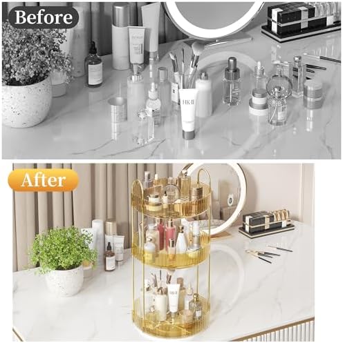Rotating Makeup Organizer Countertop, 3 Tier, Gold - Image 4