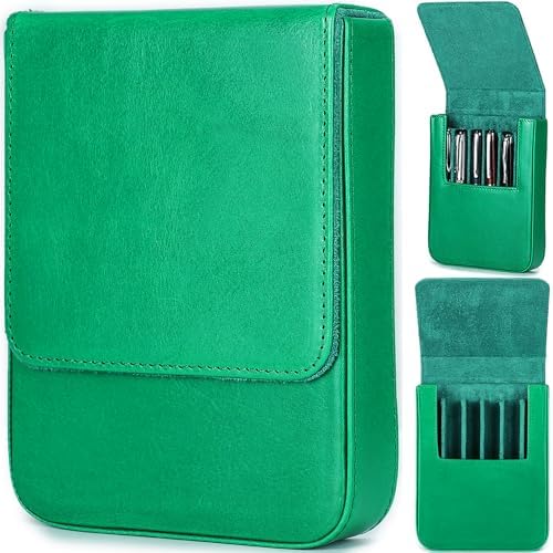 Top Grain Genuine Leather 6 Fountain Pen/Pencil Tray Case, Minimalist Fashion Design, Handmade, Magnetic Closure with Drawer Design, Gift Choice for Man/Woman/Office, Glossy Green, 6 Slots by CataPurusLeatherCrafts