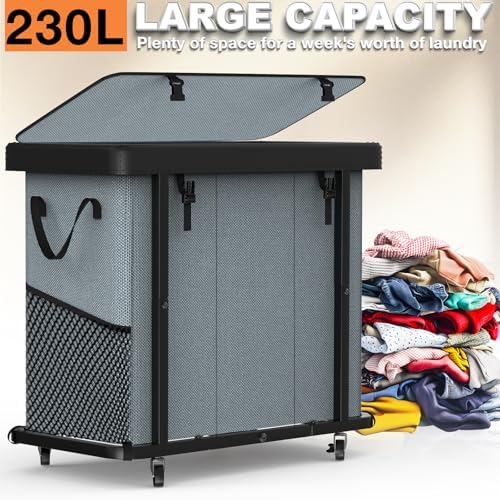 Laundry Basket with Wheels, 230L(60Gal) Laundry Sorter 3 Section - Gray - Image 3