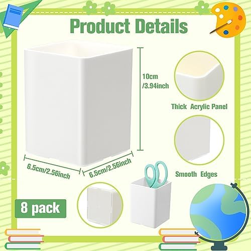 Jutom 8 Pcs White Acrylic Pen Holder for Desk, Pencil Cup Bulk Makeup Brush Storage Organizer, Desktop Pencil Cup Stationery Desktop Stationery Organizer for Office School Home Supplies - Image 2