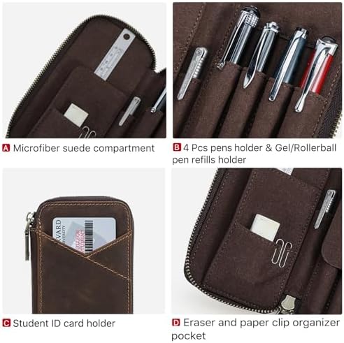 CONTACTS Full Grain Crazy Horse Leather Pencil Case Handmade Vintage Zipper Pen Holder Pouch with Card Slot Pens Organizer Pockets Stationery Bag for Men - Image 3