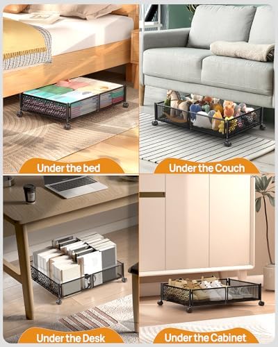Under Bed Storage With Wheels, 4 Pack Foldable Pattern Carved Metal Under Bed Storage Containers, 60L Rolling Underbed Storage, Easy Assembly Under The Bed Storage for Shoes, Clothes, Blankets... - Image 2