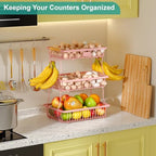 3 Tier Fruit Basket for Kitchen Counter with 2 Banana Hangers, Countertop Metal Fruit Bowl with Wooden Handle, Large Storage Stand for Vegetables, Snacks, Breads, Produce Storage – Pink - Image 3