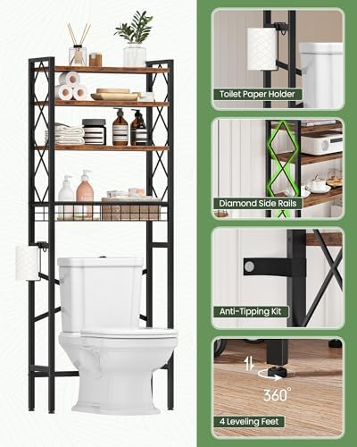 CHOEZON Over The Toilet Storage Rack, 4-Tier Bathroom Organizer Shelf, Over Toilet Storage with Wire Basket and Toilet Paper Holder, Adjustable Shelves, for Bathroom, Rustic Brown and Black TTS03BF - Image 6