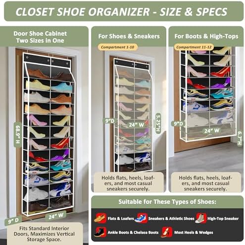 Kotkn 24-Pair Over Door Shoe Organizer for Family & Kids, Double Sided | Hanging Storage for Sneakers, Boots, Toys & Room Organization-Obsidian Black - Image 2