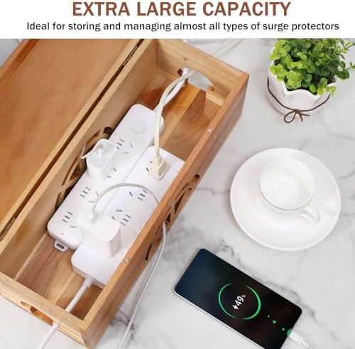 Wood Cable Management Box - 15.8" (L) x 6" (W) 5.5" (H) Acacia Wood Cable Hider Box, Cord Hider with Magnet Design & Outlet Hole, Power Strip Surge Protect & Organizer for Home Office Kitchen TV Wires - Image 5