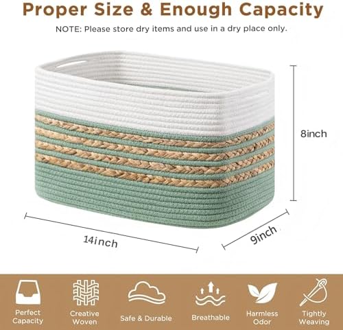 UBBCARE 2 Pack Baskets for Organizing, Woven Storage Baskets for Toys and Towel, Rectangle Cotton Rope Basket with Handles, 14''L x 8''W x9''H, Green - Image 2